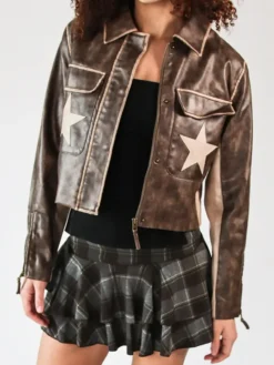 Stoosh Double Star Brown Moto Jacket For Women