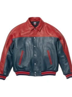 Supreme x A.PRESSE PARK VIEW Fall 2026 Red And Dark Blue Leather Jacket front view