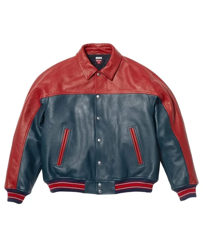 Supreme x A.PRESSE PARK VIEW Fall 2026 Red And Dark Blue Leather Jacket front view