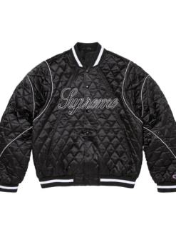Supreme x Champion Quilted Black Satin Varsity Jacket