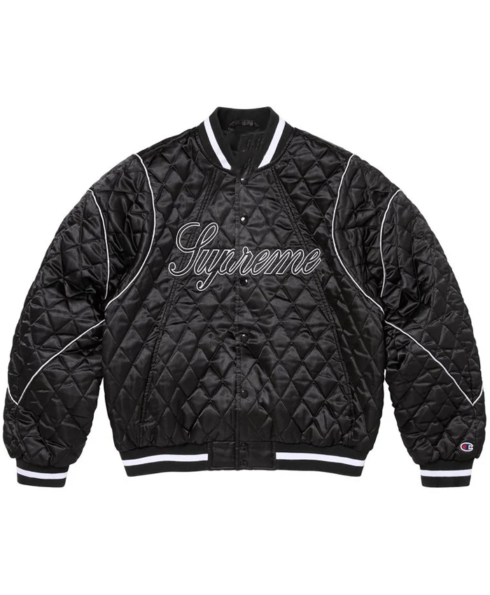 Supreme x Champion Quilted Black Satin Varsity Jacket