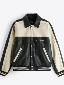Techno Zero Color Block Black And Of-White Leather Jacket For Men By ZARA front view