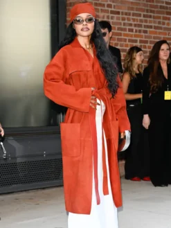 Teyana Taylor Calvin Klein Fashion Show collection For Nyfw Red Suede Leather Belted Coat For Sale