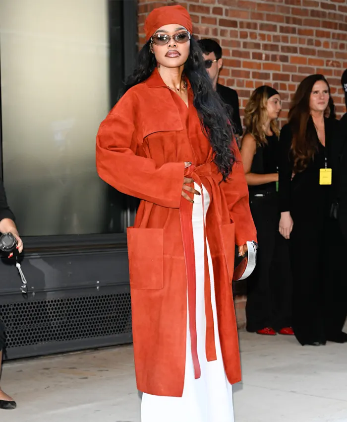 Teyana Taylor Calvin Klein Fashion Show collection For Nyfw Red Suede Leather Belted Coat For Sale