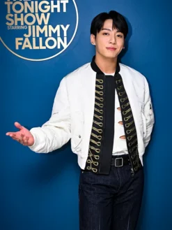 The Tonight Show Starring Jimmy Fallon BTS Jungkook White Satin Bomber Jacket front view