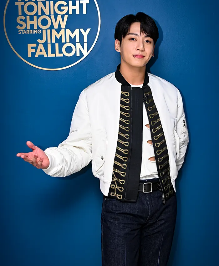 The Tonight Show Starring Jimmy Fallon BTS Jungkook White Satin Bomber Jacket front view