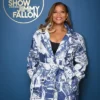The Tonight Show Starring Jimmy Fallon Queen Latifah Patterned Blue And White Trench Coat front view