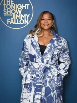 The Tonight Show Starring Jimmy Fallon Queen Latifah Patterned Blue And White Trench Coat front view