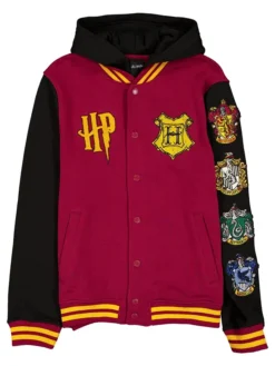 The Wizarding World Harry Potter Hogwarts Ruby And Black Fleece Hooded Varsity Jacket front view