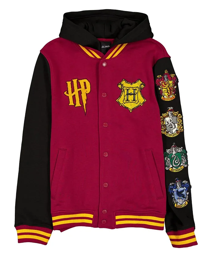 The Wizarding World Harry Potter Hogwarts Ruby And Black Fleece Hooded Varsity Jacket front view