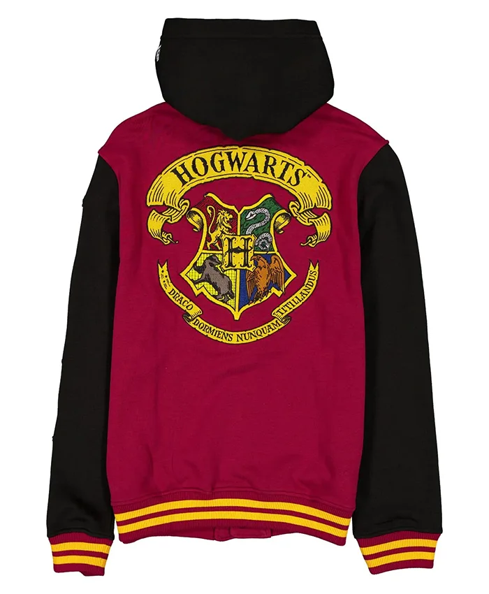 The Wizarding World Harry Potter Hogwarts Ruby And Black Hooded Fleece Varsity Jacket back view