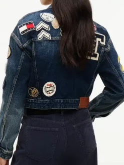 Tommy Hilfiger Badge Navy Blue Denim Cropped Trucker Jacket back view
