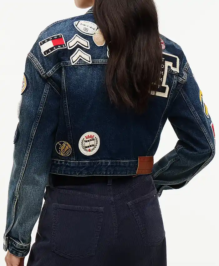 Tommy Hilfiger Badge Navy Blue Denim Cropped Trucker Jacket back view