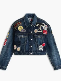 Tommy Hilfiger Badge Navy Blue Denim Trucker Cropped Jacket front view
