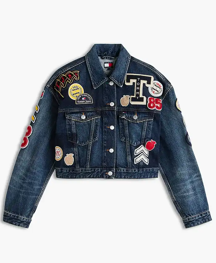 Tommy Hilfiger Badge Navy Blue Denim Trucker Cropped Jacket front view