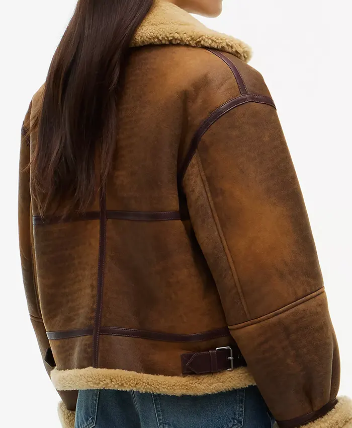 Tommy Hilfiger Gigi Hadid Shearling Leather Natural Cognac Aviator Jacket back view