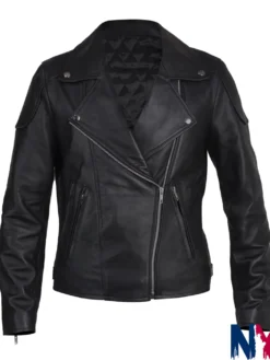 Tracy Spiridakos TV-Series Anna Pigeon 2026 Biker Black Leather Jacket front view