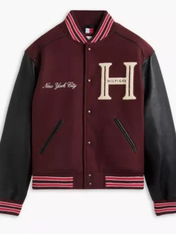 Travis Kelce Tommy Hilfiger Mixed-Media Burgundy Varsity Jacket front view