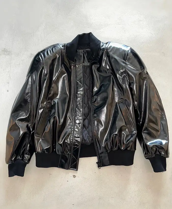 Travis Scott Night Two YE’s Homecoming Show Chicago Custom Black Leather Laminated Jacket front view