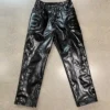 Travis Scott Night Two YE’s Homecoming Show Chicago Custom Black Leather Laminated Pant front view
