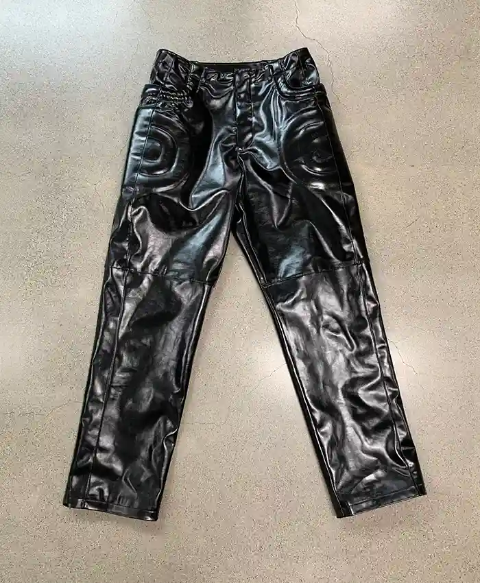 Travis Scott Night Two YE’s Homecoming Show Chicago Custom Black Leather Laminated Pant front view