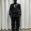 Travis Scott Night Two YE’s Homecoming Show Chicago Custom Black Leather Laminated Tracksuit front view