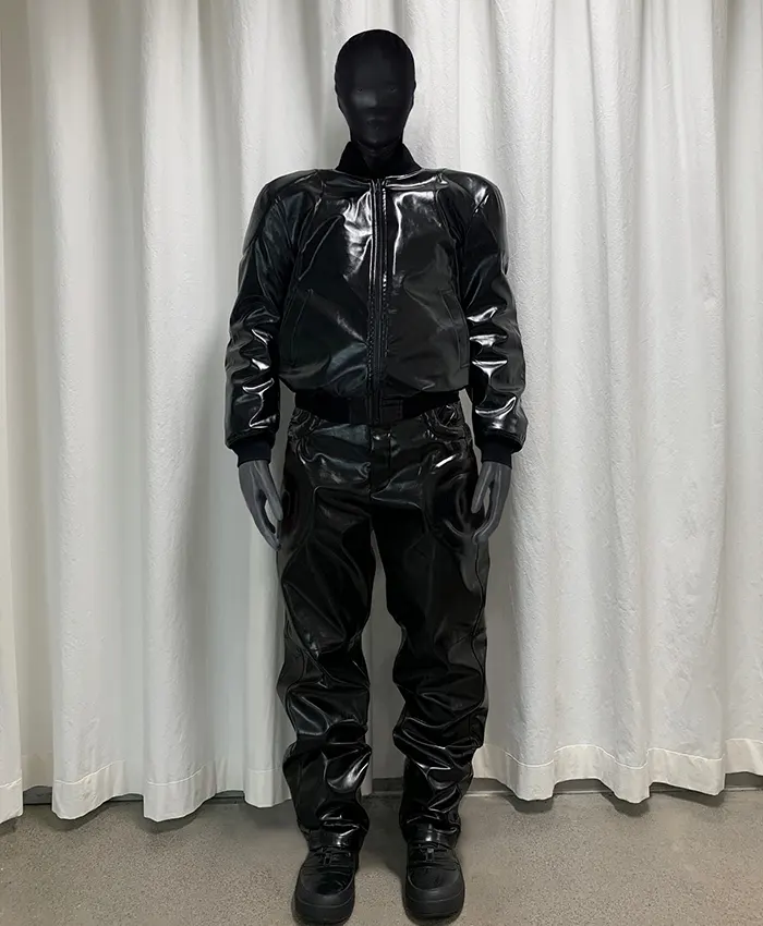 Travis Scott Night Two YE’s Homecoming Show Chicago Custom Black Leather Laminated Tracksuit front view
