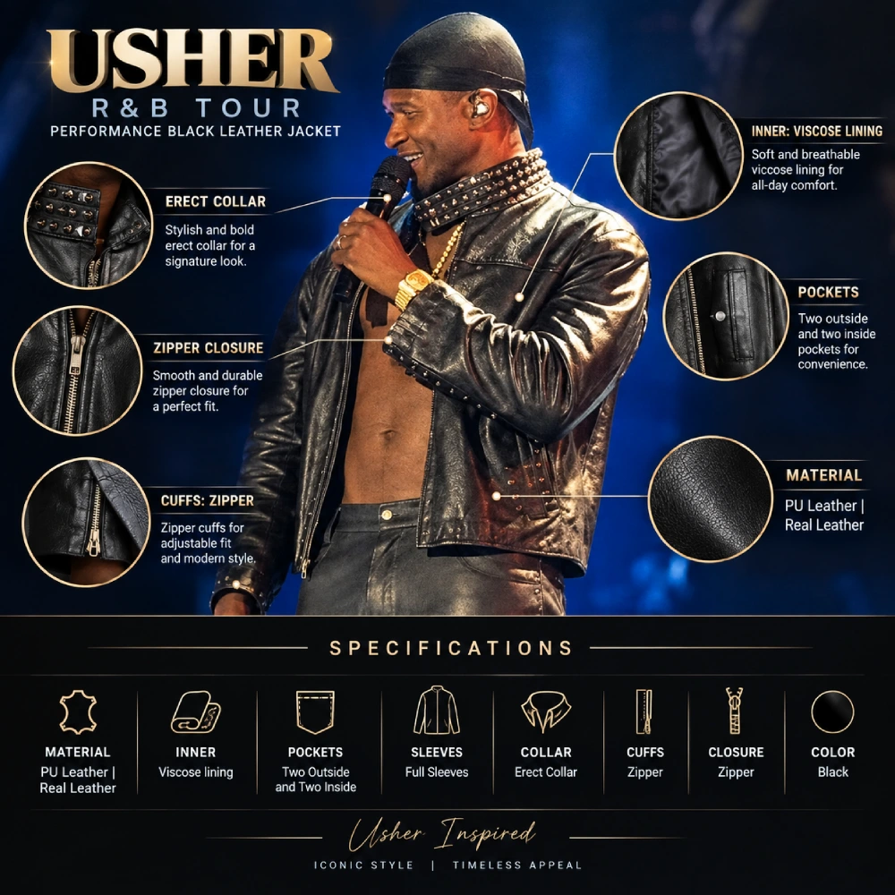 Usher R&B Tour Performance Black Leather Jacket Infographic