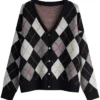 V-Neck Argyle Knit Cardigan Black Sweater