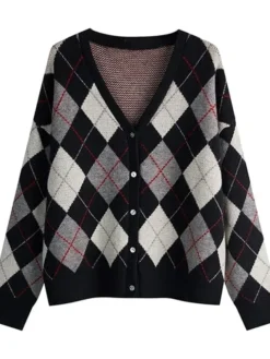 V-Neck Argyle Knit Cardigan Black Sweater