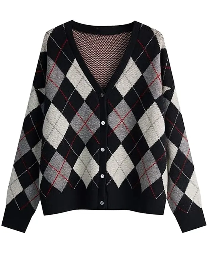 V-Neck Argyle Knit Cardigan Black Sweater