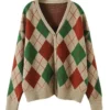 V-Neck Argyle Knit Cardigan For Women