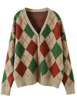 V-Neck Argyle Knit Cardigan For Women