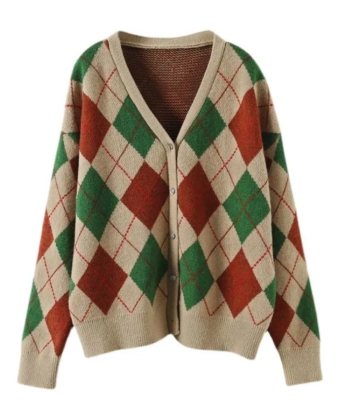 V-Neck Argyle Knit Cardigan For Women