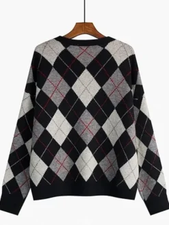 V-Neck Argyle Knit Cardigan Sweater Back