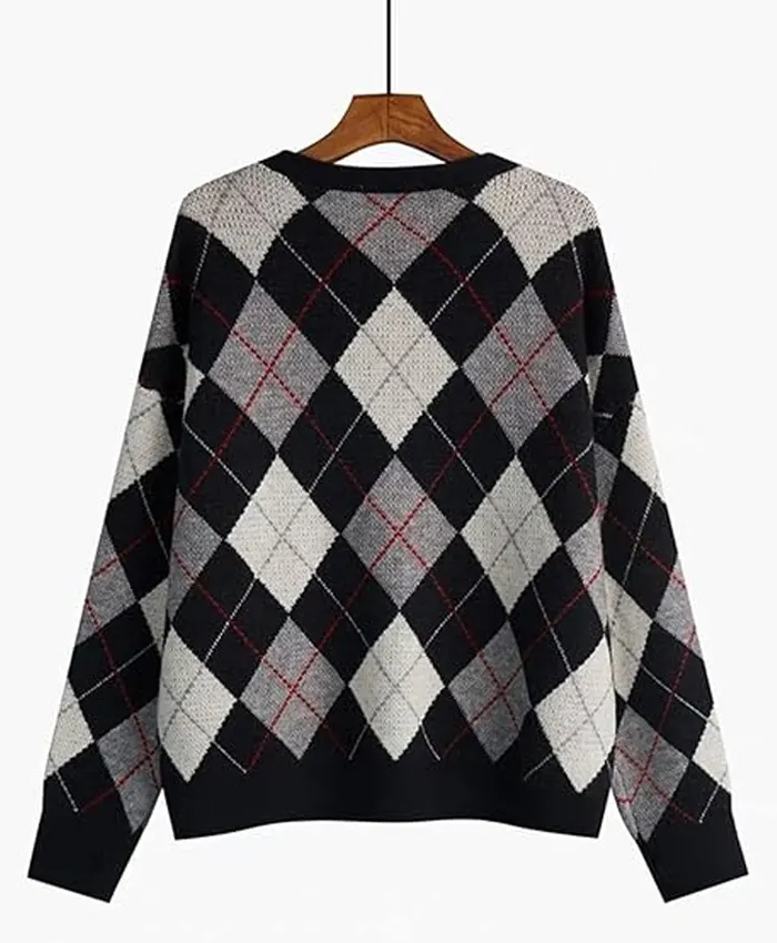 V-Neck Argyle Knit Cardigan Sweater Back