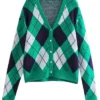V-Neck Argyle Knit Cardigan Sweater Green