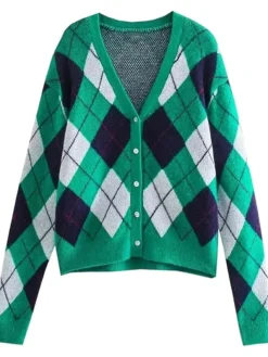 V-Neck Argyle Knit Cardigan Sweater Green