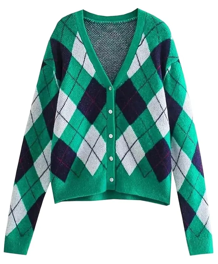 V-Neck Argyle Knit Cardigan Sweater Green