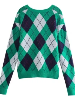 V-Neck Argyle Knit Sweater Back