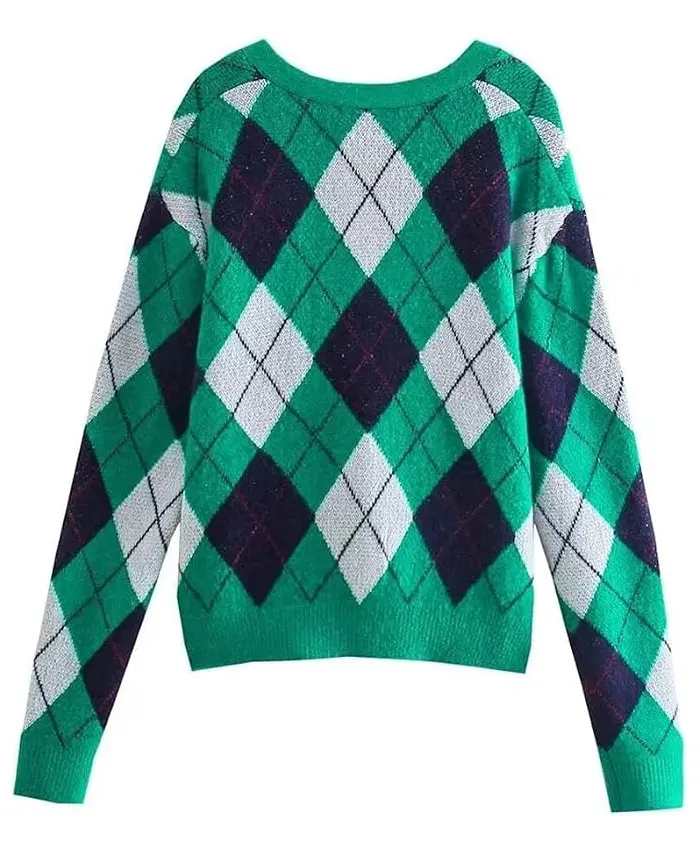 V-Neck Argyle Knit Sweater Back