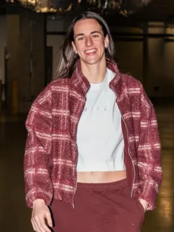 WNBA Caitlin Clark Indiana Fever vs. Washington Mystics Burgundy Plaid Fleece Track Jacket front view