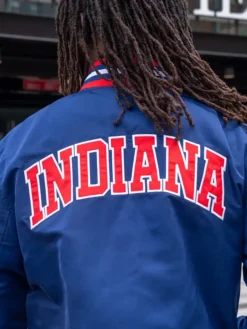 WNBA Indiana Fever Red, White And Blue Script Satin Varsity Bomber Jacket back view