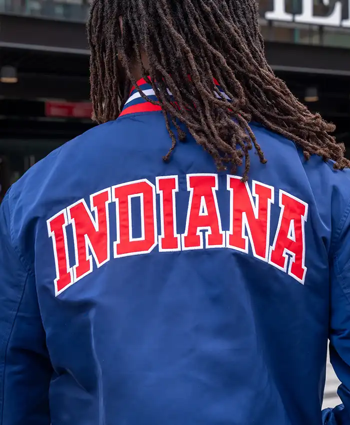 WNBA Indiana Fever Red, White And Blue Script Satin Varsity Bomber Jacket back view