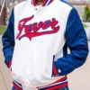 WNBA Indiana Fever Red, White And Blue Script Varsity Satin Bomber Jacket front view