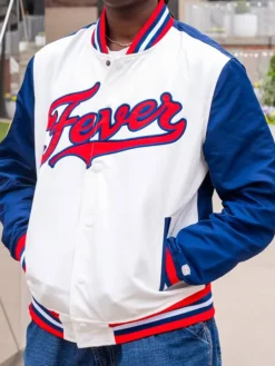 WNBA Indiana Fever Red, White And Blue Script Varsity Satin Bomber Jacket front view