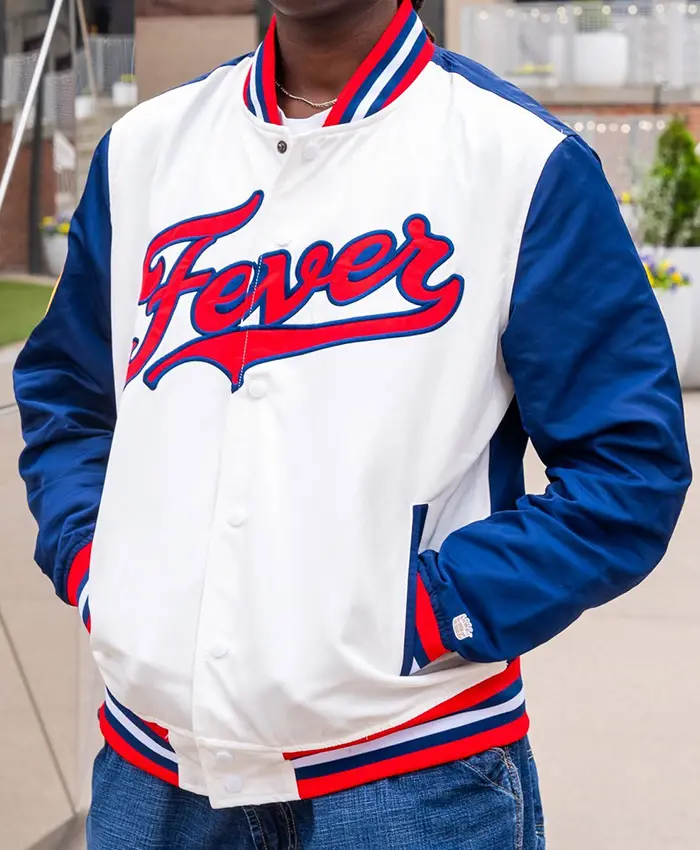 WNBA Indiana Fever Red, White And Blue Script Varsity Satin Bomber Jacket front view