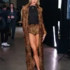 WNBA Playoffs 2026 Sophie Cunningham Indiana Fever vs Las Vegas Aces Leather Leopard Print Coat front view