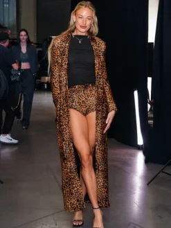 WNBA Playoffs 2026 Sophie Cunningham Indiana Fever vs Las Vegas Aces Leather Leopard Print Coat front view