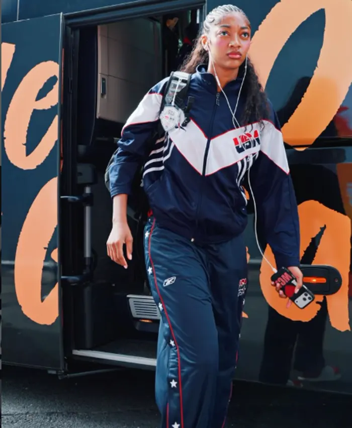 WNBA Star Angel Reese Custom Vintage Team USA Blue Polyester Windbreaker Tracksuit front view